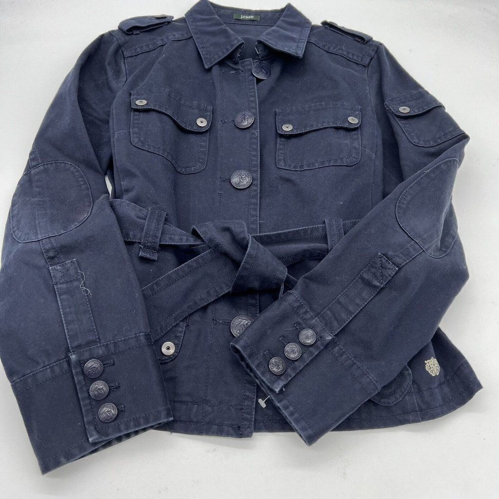 J Crew Blue Cotton Button Up Jacket With Belt Women's Size small nautical